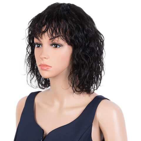 Rebecca Fashion Short Curly Wavy Human Hair Bob Wigs with Bangs for Black Women 100% Human Hair Wigs with Bangs Natural Black Color Wigs