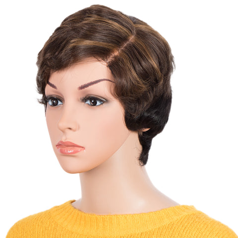 Rebecca Fashion Human Hair Pixie Cut Wigs 6 inch Side Lace Part Wigs Pixie Bob Wig for Black Women Ombre Brown Color