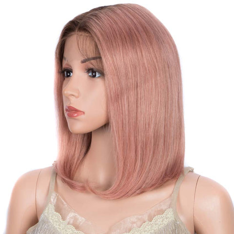 Image of Rebecca Fashion Straight Part Lace Human Hair Pink Bob Wigs With Bady Hair 12inch