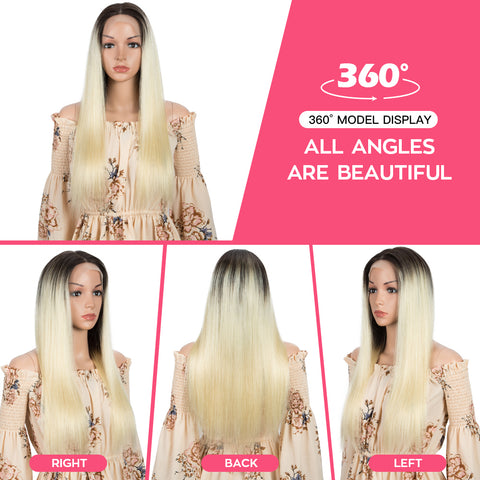 Image of Rebecca Fashion 100% High Quality Straight Human Hair 4x4 HD Lace Closure Wigs Ombre Blonde Color 150% Density