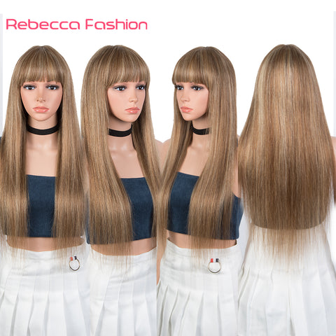 Image of Rebacca Fashion Ombre Brown Blonde Color Straight Human Hair Wigs With Bangs For Women 150% Density