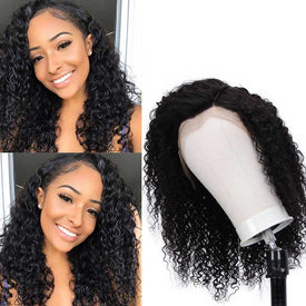 Rebecca Fashion 4x4 Lace Front Wigs Kinky Curly Human Hair Wigs 150% Density Natural Black Color