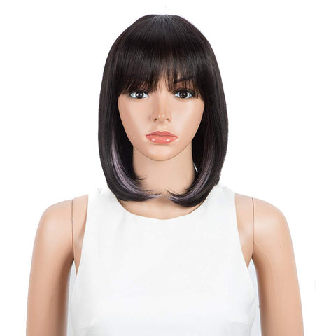 Image of Rebecca Fashion Short Human Hair Bob Wigs With Bangs Black With Purplr Color Dying Hair Behind Ear Wigs 10 inch