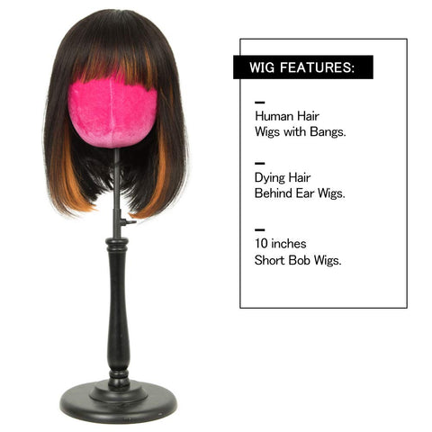 Image of Rebecca Fashion Short Human Hair Bob Wigs With Bangs Ombre Black With Orange Color Dying Hair Behind Ear Wigs 10 inch