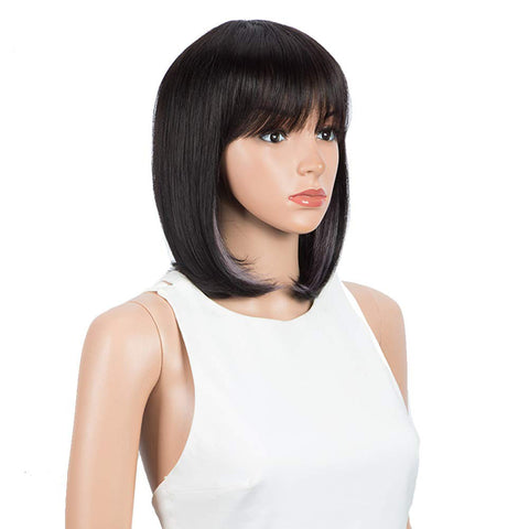 Image of Rebecca Fashion Short Human Hair Bob Wigs With Bangs Black With Purplr Color Dying Hair Behind Ear Wigs 10 inch