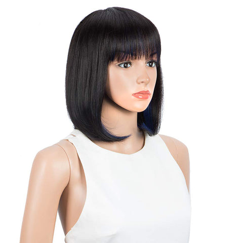 Image of Rebecca Fashion Short Human Hair Bob Wigs With Bangs Black With Blue Color Dying Hair Behind Ear Wigs 10 inch