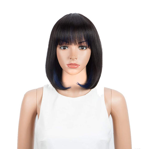 Image of Rebecca Fashion Short Human Hair Bob Wigs With Bangs Black With Blue Color Dying Hair Behind Ear Wigs 10 inch