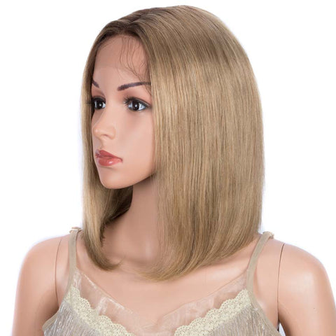 Rebecca Fashion Brown Blonde Highlights Bob Wig 12 Inch Part Lace Human Hair Wig