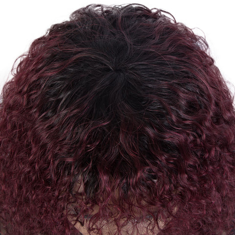 Image of Rebecca Fashion Short Curly Wigs with Curly Bangs Kinky Curly Wigs for Black Women Virgin Remy Wig Can Be Restyled Ombre Burgundy Red Color
