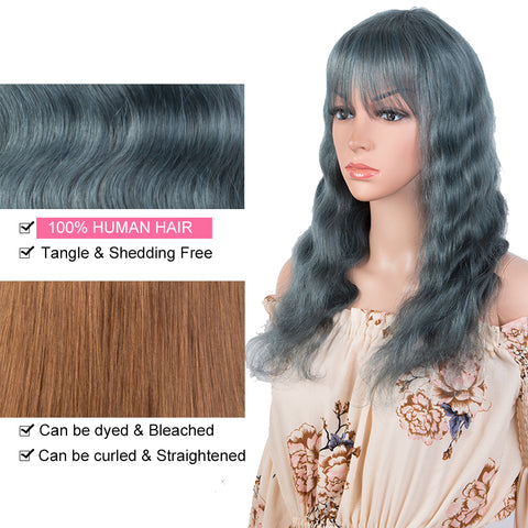 Image of Rebecca Fashion Hightlight Blue Body Wave Human Hair Wigs with Bangs 100% High-quality Human Hair Wig with Bangs for Black Women 130% Density