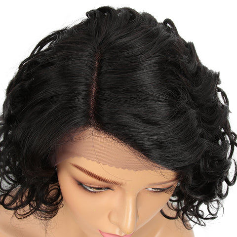 Rebecca Fashion Short Wavy Lace Front Wigs Human Hair Side Lace Part Wavy Bob Wigs for Women Natural Color