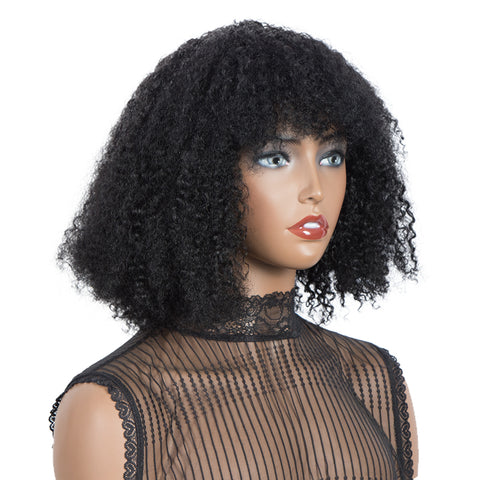 Image of Rebecca Fashion Virgin Human Hair Wigs with Bangs Kinky Curly Wigs for Black Women Natural Black color