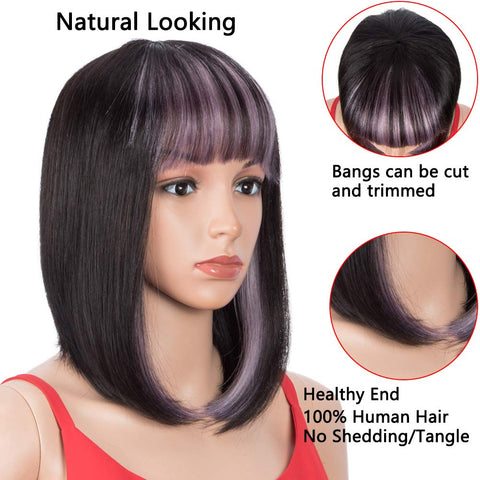 Image of Rebecca Fashion Short Human Hair Bob Wigs With Bangs Ombre Black With Purple Color Dying Hair Behind Ear Wigs 10 inch