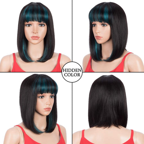 Image of Rebecca Fashion Short Human Hair Bob Wigs With Bangs Ombre Black With Cyan-Blue Color Dying Hair Behind Ear Wigs 10 inch