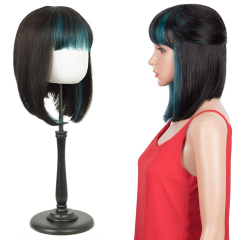 Image of Rebecca Fashion Short Human Hair Bob Wigs With Bangs Ombre Black With Cyan-Blue Color Dying Hair Behind Ear Wigs 10 inch