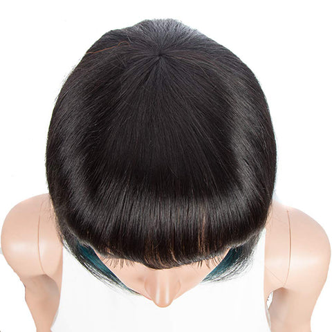 Image of Rebecca Fashion Short Human Hair Bob Wigs With Bangs Black With Blue Color Dying Hair Behind Ear Wigs 10 inch