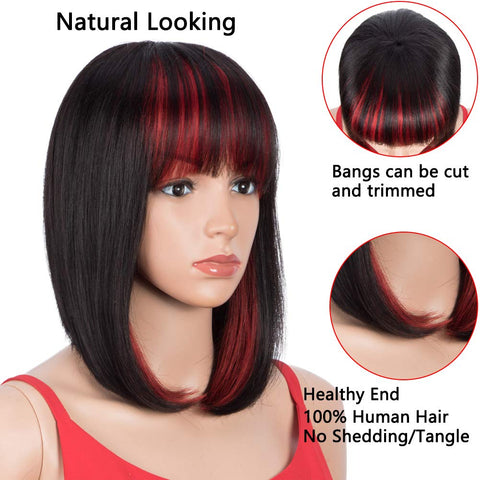 Image of Rebecca Fashion Short Human Hair Bob Wigs With Bangs Ombre Black With Red Color Dying Hair Behind Ear Wigs 10 inch