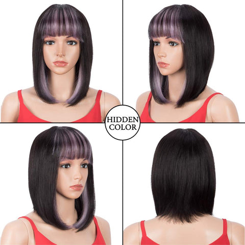 Image of Rebecca Fashion Short Human Hair Bob Wigs With Bangs Ombre Black With Purple Color Dying Hair Behind Ear Wigs 10 inch