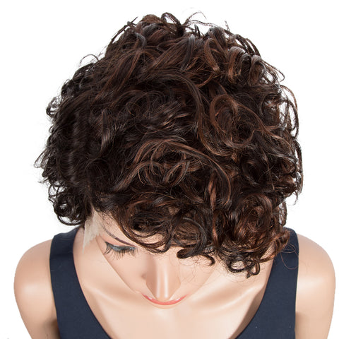 Image of Rebecca Fashion Short Kinky Curly Lace Front Wigs Human Hair Side Lace Part Wigs for Black Women Dark Brown Color