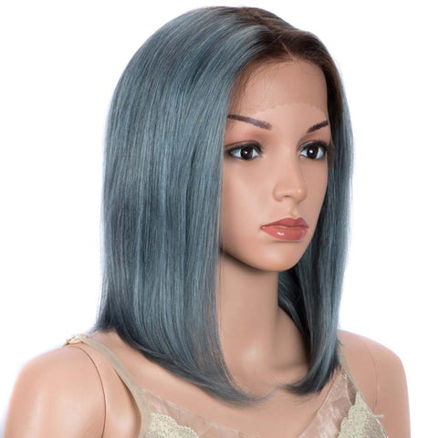 Image of Rebecca Fashion Straight Bob Wigs 12 Inch Part Lace Human Hair Blue Wigs