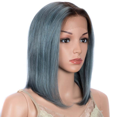 Rebecca Fashion Straight Bob Wigs 12 Inch Part Lace Human Hair Blue Wigs