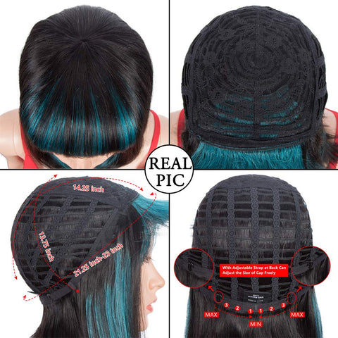 Image of Rebecca Fashion Short Human Hair Bob Wigs With Bangs Black With Blue Color Dying Hair Behind Ear Wigs 10 inch