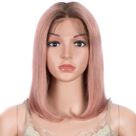 Image of Rebecca Fashion Straight Part Lace Human Hair Pink Bob Wigs With Bady Hair 12inch