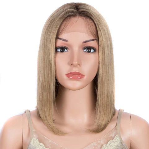 Image of Rebecca Fashion Brown Blonde Highlights Bob Wig 12 Inch Part Lace Human Hair Wig