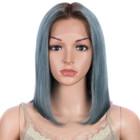 Image of Rebecca Fashion Straight Bob Wigs 12 Inch Part Lace Human Hair Blue Wigs