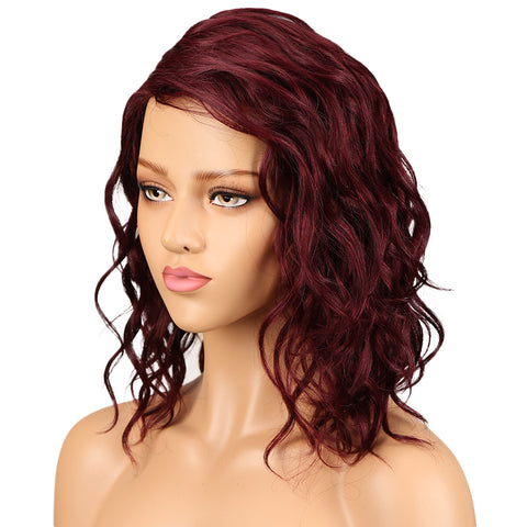 Image of Rebecca Fashion Human Hair Lace Front Wigs 4.5 inch Side LacePart Wigs 14 inch Water Wavy Wig for Black Women Burgundy Red Color