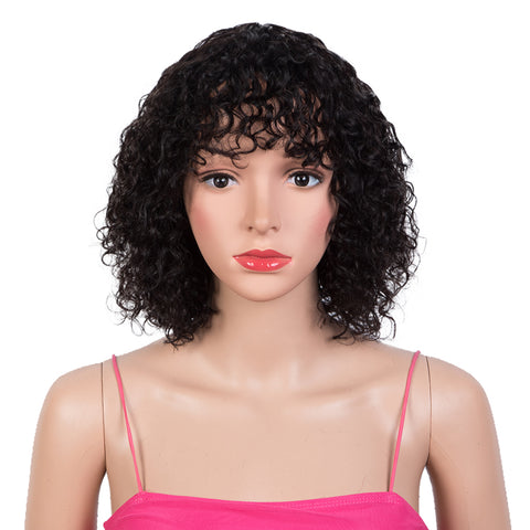 Image of Rebecca Fashion Short Curly Wigs with Bangs Kinky Curly Wigs for Black Women 14 Inch Virgin Remy Natural Black Wig Can Be Restyled