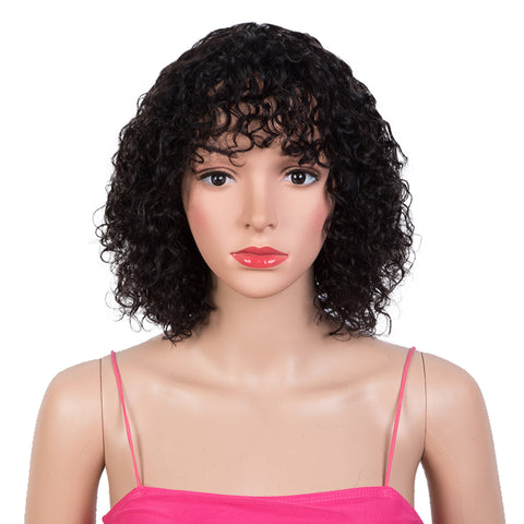 Rebecca Fashion Short Curly Wigs with Bangs Kinky Curly Wigs for Black Women 14 Inch Virgin Remy Natural Black Wig Can Be Restyled