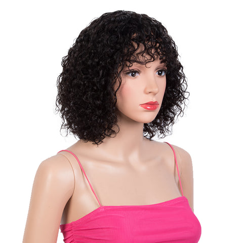 Image of Rebecca Fashion Short Curly Wigs with Bangs Kinky Curly Wigs for Black Women 14 Inch Virgin Remy Natural Black Wig Can Be Restyled