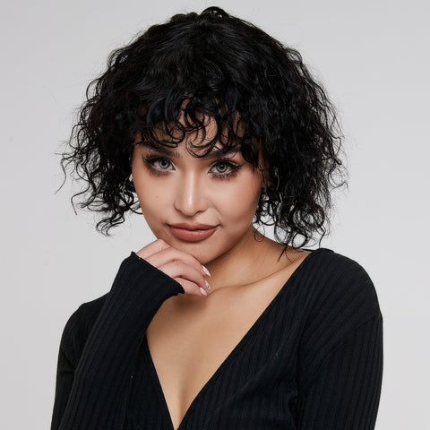Image of Rebecca Fashion Short Human Hair Bob Wigs with Bangs Curly Wavy Wig for Black Women Natural Black Color Wigs with Curly Bangs