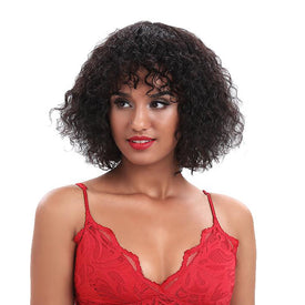 Rebecca Fashion Short Curly Wigs with Bangs Kinky Curly Wigs for Black Women 14 Inch Virgin Remy Natural Black Wig Can Be Restyled