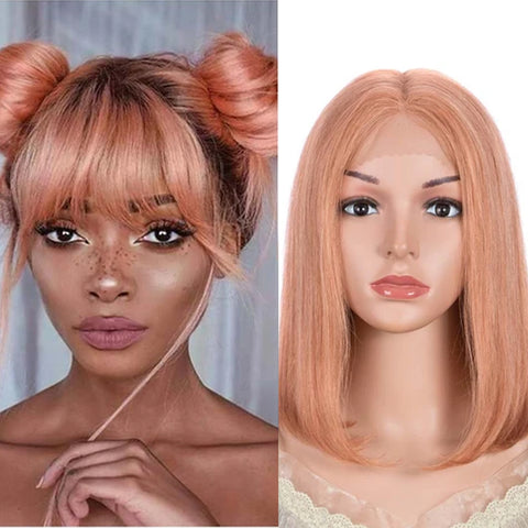 Image of Rebecca Fashion Orange Bob Wig 12 Inch Human Hair Part Lace Wig