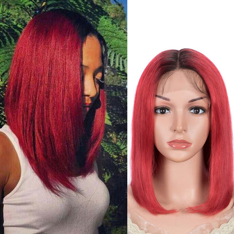 Image of Rebecca Fashion Red Straight Wig 12 Inch Bob Wigs Part Lace Human Hair