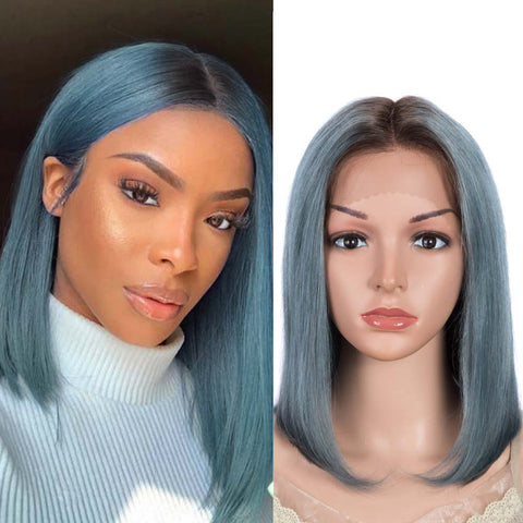 Image of Rebecca Fashion Straight Bob Wigs 12 Inch Part Lace Human Hair Blue Wigs