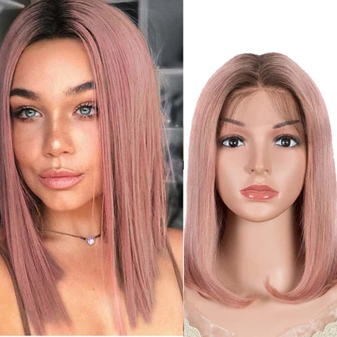 Image of Rebecca Fashion Straight Part Lace Human Hair Pink Bob Wigs With Bady Hair 12inch
