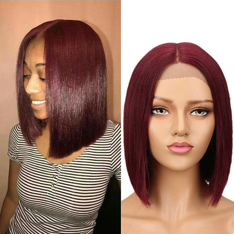 Rebecca Fashion Wine Red Short Bob Wig Lace Part Human Hair Wigs