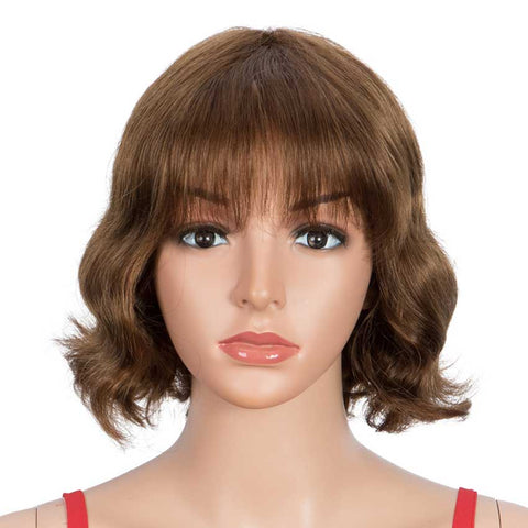 Image of Rebecca Fashion Wavy Wig Bob 9 inch Human Hair Short Brown Wigs With Bangs