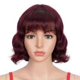 Rebecca Fashion Wine Red Short Wavy Wig Human Hair 9 inch 99J Wigs With Bangs