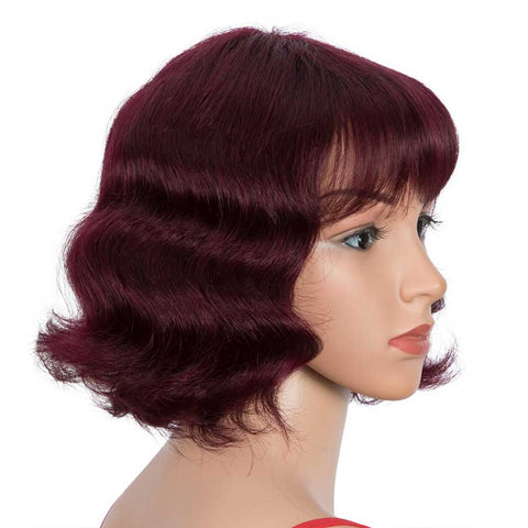 Image of Rebecca Fashion Wine Red Short Wavy Wig Human Hair 9 inch 99J Wigs With Bangs