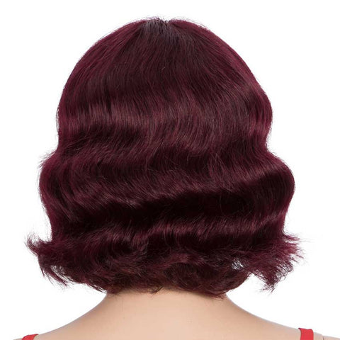 Image of Rebecca Fashion Wine Red Short Wavy Wig Human Hair 9 inch 99J Wigs With Bangs