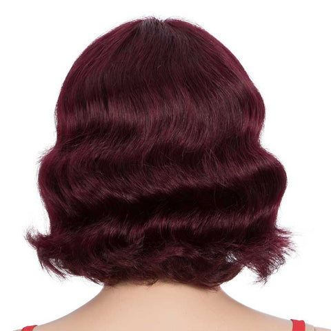Rebecca Fashion Wine Red Short Wavy Wig Human Hair 9 inch 99J Wigs With Bangs