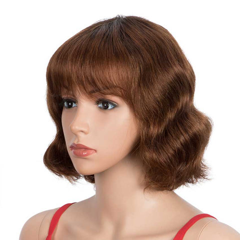 Image of Rebecca Fashion Deep Wavy Bob Wigs With Bangs Human Hair 9 Inch Brown Short Wig