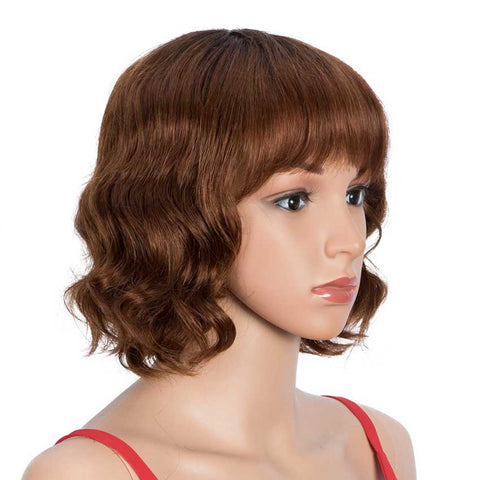 Image of Rebecca Fashion Deep Wavy Bob Wigs With Bangs Human Hair 9 Inch Brown Short Wig