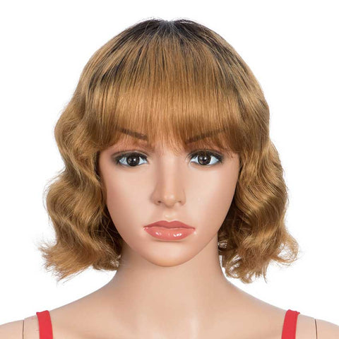 Image of Rebecca Fashion Short Deep Wavy Human Hair Wig With Bangs Black Roots Ombre Wig