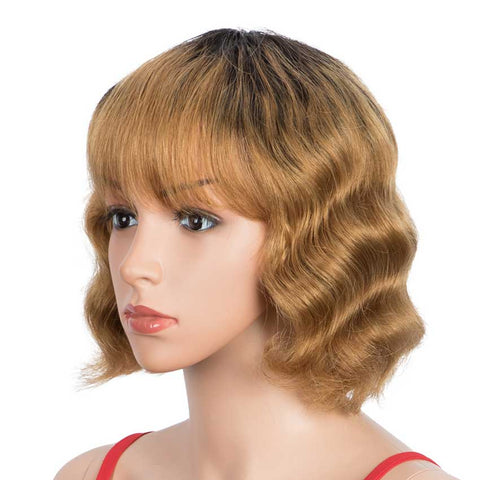 Rebecca Fashion Short Deep Wavy Human Hair Wig With Bangs Black Roots Ombre Wig