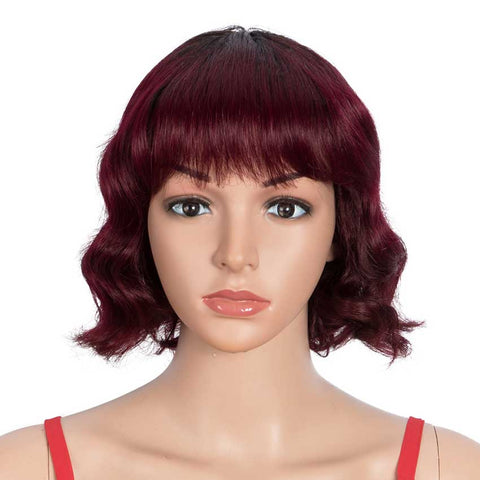 Rebecca Fashion Ombre Red Wigs Short Deep Wavy Human Hair Wig With Bangs
